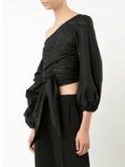 Choies Black One Shoulder Tie Strap Ruched Puff Sleeve Top