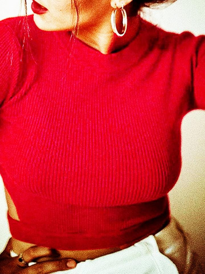 Choies Red Ribbed Cut Out Side Long Sleeve Women Crop Top