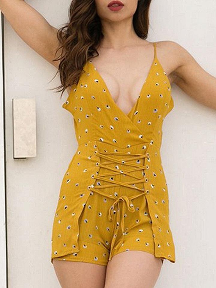 Choies Yellow Spaghetti Strap V-neck Lace Up Front Romper Playsuit
