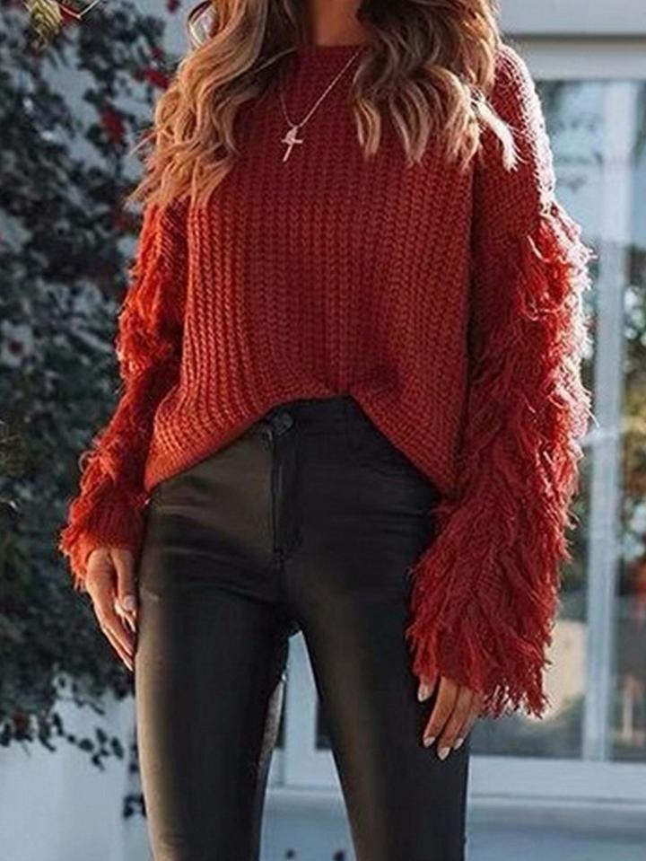 Choies Red Tassel Embellished Long Sleeve Chic Women Knit Sweater