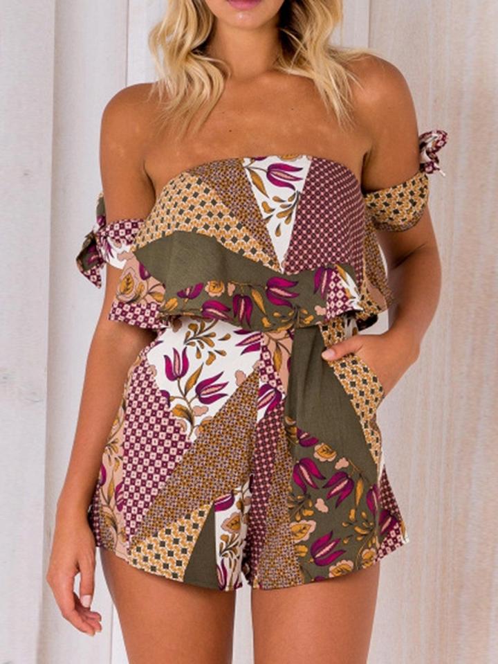 Choies Polychrome Bandeau Floral Print Ruffle Trim Romper Playsuit