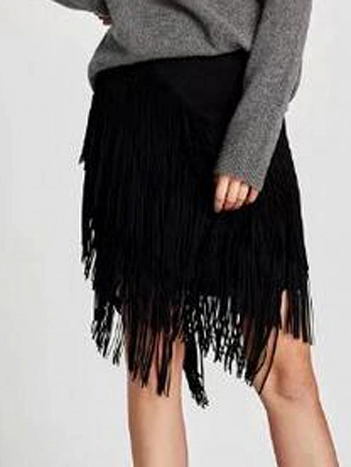 Choies Black Faux Suede Tassel Detail Asymmetric Hem Skirt