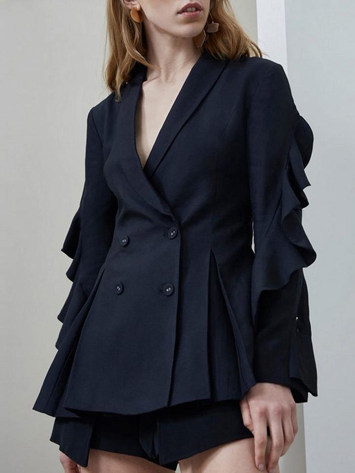 Choies Navy Blue Double-breasted Ruffle Trim Long Sleeve Blazer