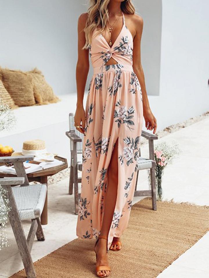 Choies Pink Plunge Halter Floral Print Thigh Split Chic Women Maxi Dress