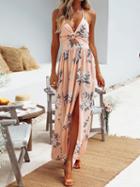 Choies Pink Plunge Halter Floral Print Thigh Split  Chic Women Maxi Dress