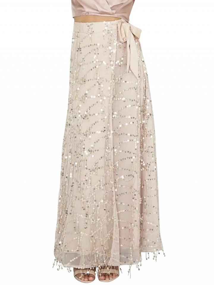 Choies Nude Pink High Waist Sequins Side Split Mesh Overlay Maxi Skirt
