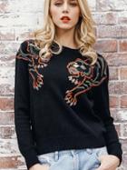 Choies Black Tiger Embroidery Detail Long Sleeve Knit Jumper