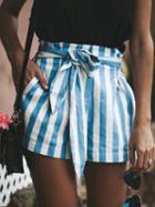 Choies Blue Stripe High Waist Pocket Detail Chic Women Shorts
