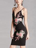 Choies Black Plunge Embroidery Floral Spaghetti Strap Bodycon Dress