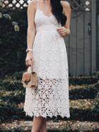 Choies White V-neck Open Back Chic Women Lace Cami Midi Dress