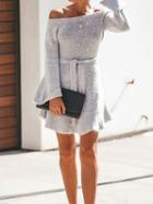 Choies Gray Off Shoulder Ruffle Hem Long Sleeve Women Mini Dress