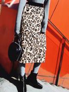 Choies Khaki Leopard Print High Waist Split Back Women Knit Midi Skirt