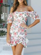 Choies White Off Shoulder Floral Print Lace Up Back Mini Dress