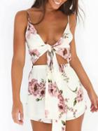 Choies Polychrome V-neck Floral Tie Front Open Belly Romper Playsuit