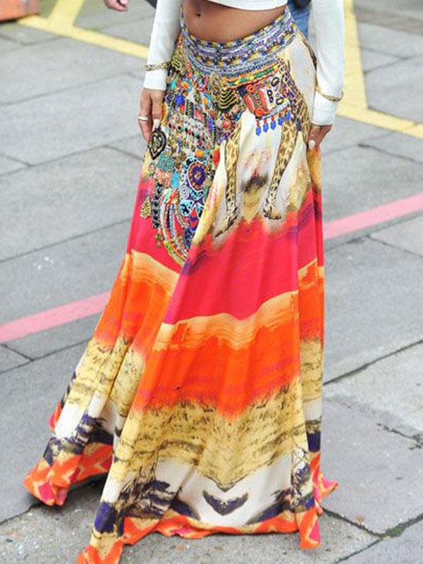 Choies Orange Color Block Mixed Folk Print Maxi Skirt
