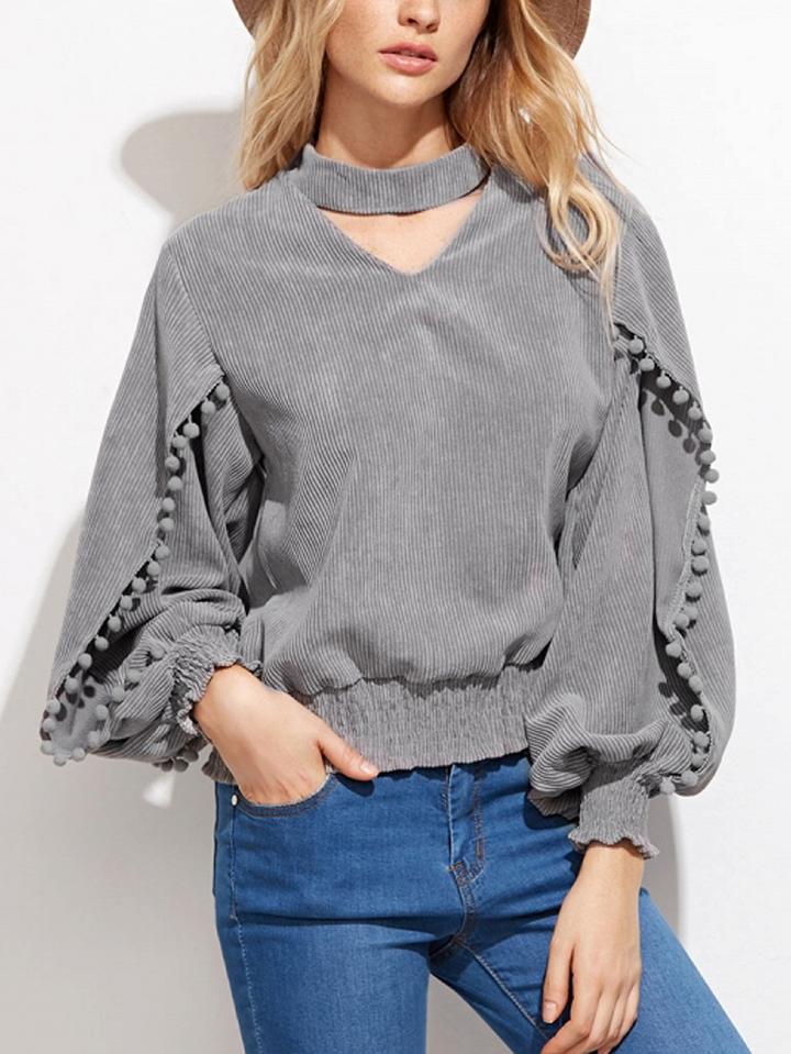 Choies Gray Choker V-neck Pom Pom Ruched Trim Puff Sleeve Sweatshirt