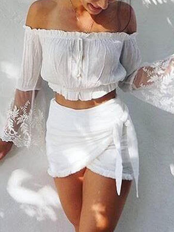 Choies White Off Shoulder Sheer Lace Sleeve Crop Top