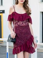 Choies Red Spaghetti Strap Ruffle Trim Lace Mini Dress