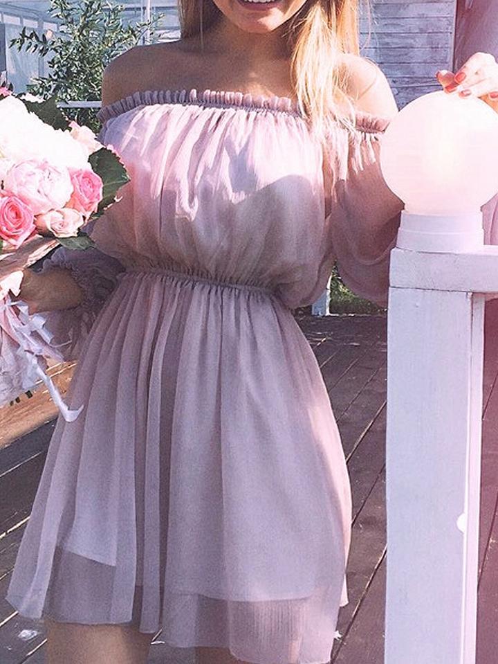 Choies Light Pink Off Shoulder Frill Trim Long Sleeve Skater Dress