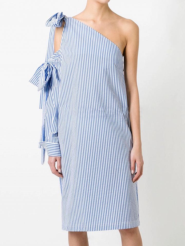 Choies Blue Stripe One Shoulder Bow Detail Long Sleeve Shift Dress