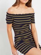 Choies Yellow Stripe Off Shoulder Ruffle Trim Knit Bodycon Mini Dress