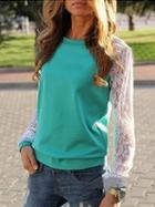 Choies Green Lace Panel Long Sleeve Blouse