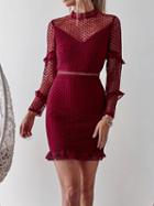 Choies Burgundy Ruffle Trim Long Sleeve Chic Women Lace Bodycon Mini Dress