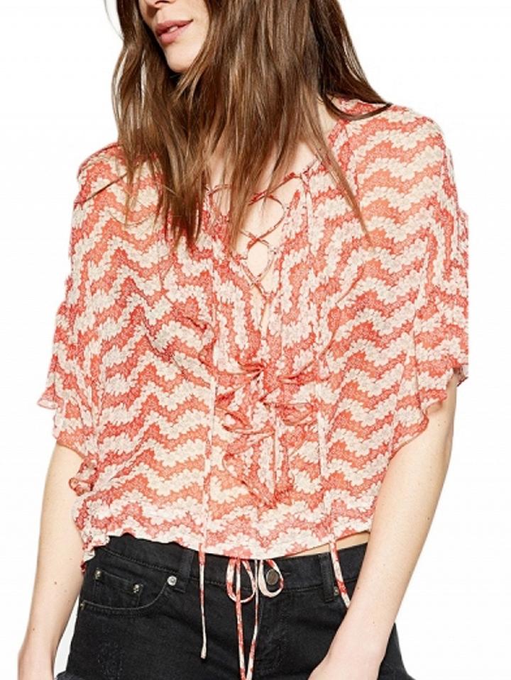 Choies Red Floral Chevron Lace Up Front Ruffle Detail Blouse