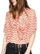Choies Red Floral Chevron Lace Up Front Ruffle Detail Blouse