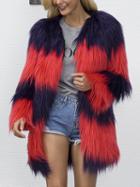 Choies Red Contrast Fluffy Faux Fur Coat