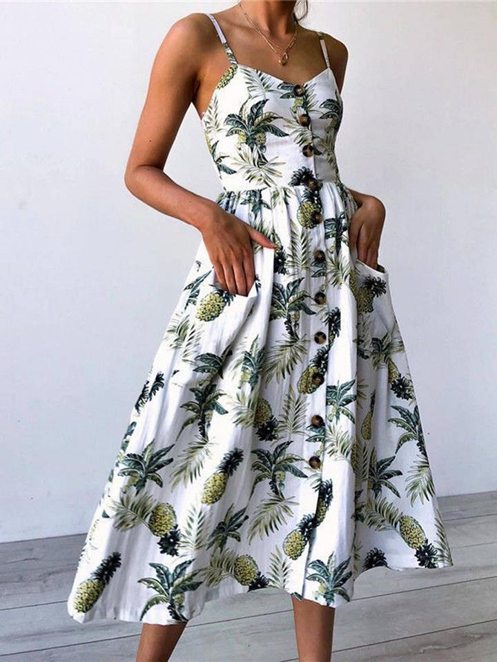 Choies White Spaghetti Strap Pineapple Print Button Placket Midi Dress