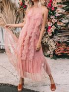 Choies Pink Halter V-neck Ruffle Trim Open Back Chic Women Mesh Maxi Dress