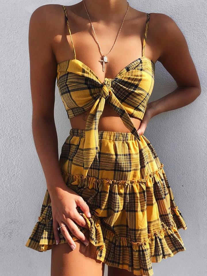 Choies Yellow Plaid Cotton Chic Women Crop Cami Top And High Waist Mini Skirt