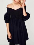 Choies Black Off Shoulder Cross Shirred Long Sleeve Dress