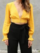 Choies Yellow Plunge Open Back Puff Sleeve Chic Women Crop Top