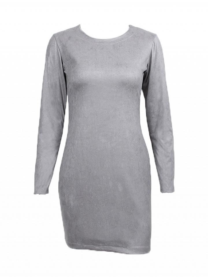 Choies Gray Faux Suede Long Sleeve Bodycon Mini Dress