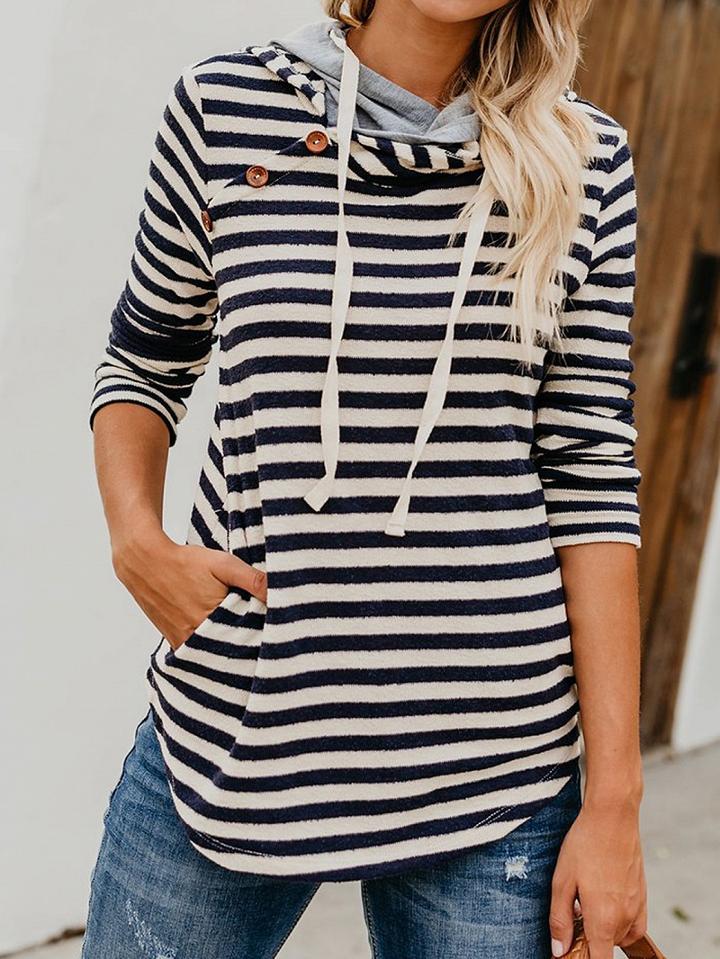 Choies Dark Blue Stripe Cotton Long Sleeve Chic Women Hoodie
