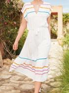 Choies White Cotton V-neck Contrast Stripe Panel Chic Women Maxi Dress