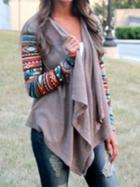 Choies Gray Waterfall Front Contrast Sleeve Geo Pattern Cardigan