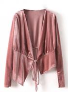 Choies Pink Asymetric Hem Tie Front Velvet Long Sleeve Coat