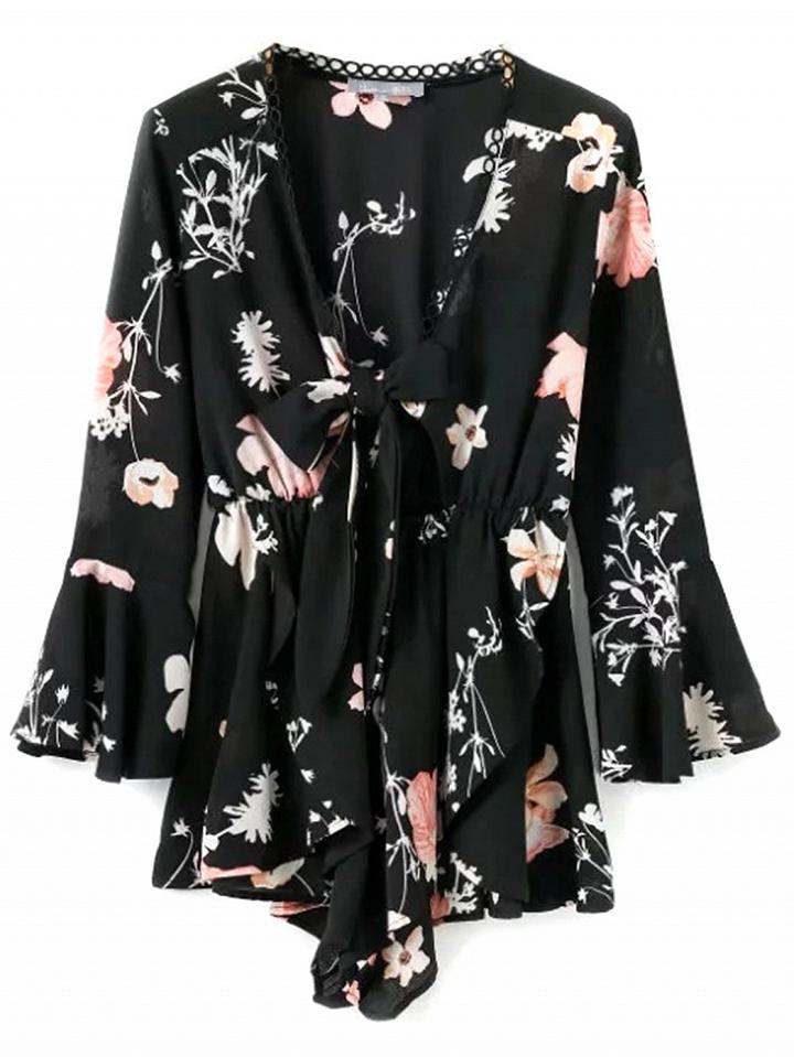 Choies Black Plunge Tie Front Print Detail Flare Sleeve Romper Playsuit