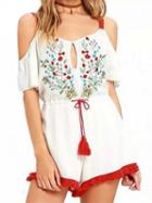 Choies White Cold Shoulder Embroidery Detail Open Back Romper Playsuit