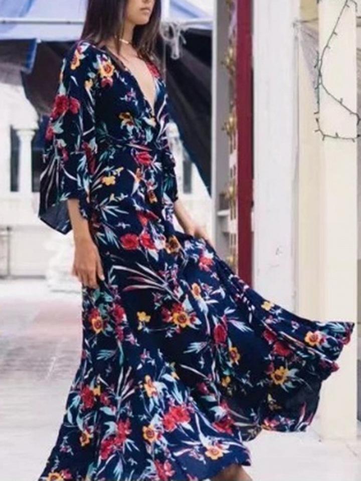 Choies Black Plunge Tie Waist Floral Print Dress