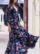 Choies Black Plunge Tie Waist Floral Print Dress