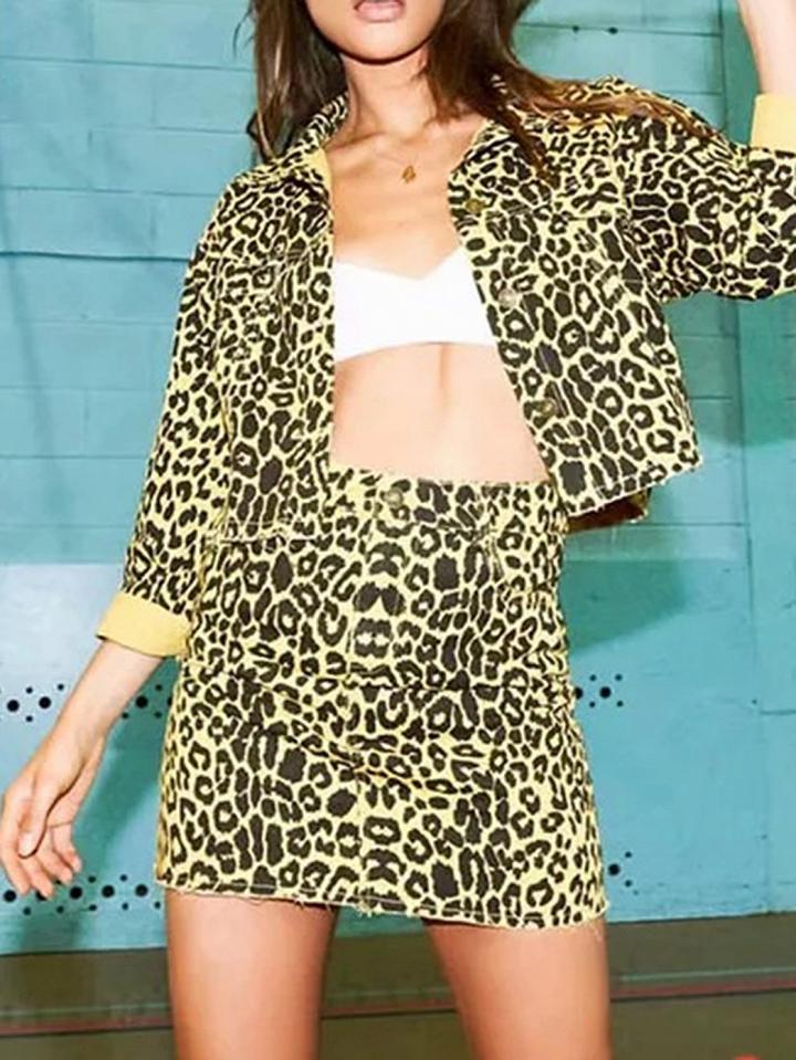 Choies Yellow Leopard Print Long Sleeve Jacket And High Waist Mini Skirt