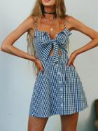 Choies Blue Plaid Chiffon V-neck Open Back Chic Women Cami Mini Dress