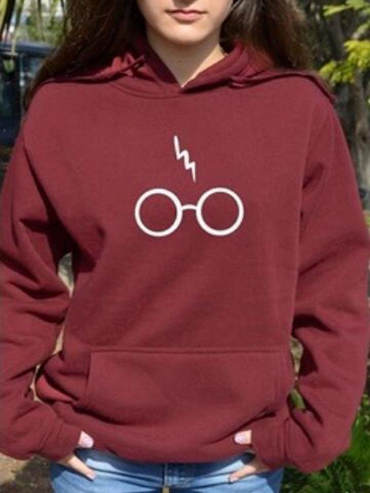 Choies Burgundy Glasses And Letter Print Long Sleeve Chic Women Hoodie