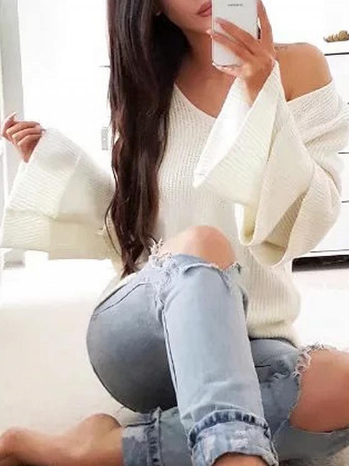 Choies White V Neck Layered Sleeve Rib Knit Sweater