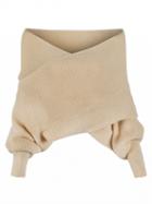 Choies Beige Off Shoulder V-neck Wrap Detail Long Sleeve Knit Sweater