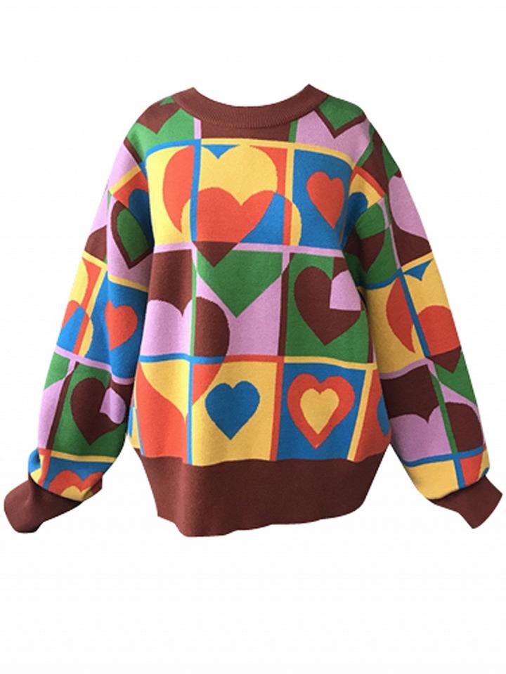 Choies Color Block Heart Pattern Long Sleeve Knit Sweater